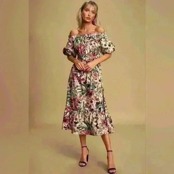 Lulu's She's the One Beige Floral Print Off-The-Shoulder Midi Dress size… - Picture 2 of 15